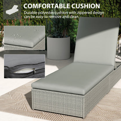 Rattan Sun Lounger, Five-Position Reclining Garden Lounger Bed with Cushion, Light Grey