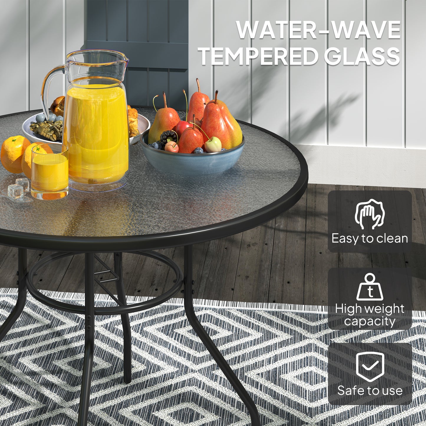 Glass-Top Garden Table, with Parasol Hole - Black