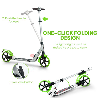 Folding Kick Scooter, Adjustable Ride On Scooter with 200mm Big Wheels and Double Shock Absorption