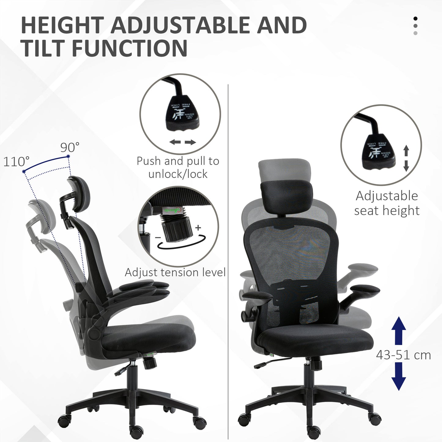 Multi-Adjustable Office Chair, with Lumbar Support, Headrest and Mesh Back - Black