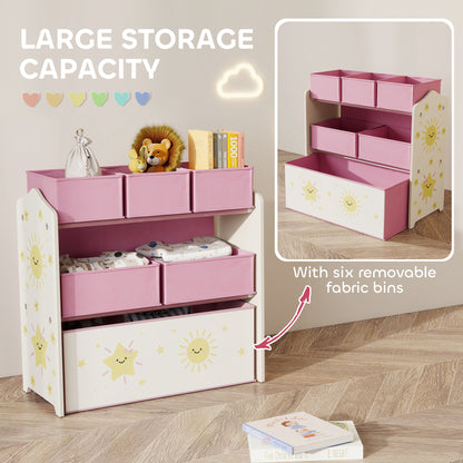Kids Toy Storage Units, 3-Tier Toy Organiser Shelf with 6 Removable Boxes for Kids, Bedroom, Playroom, Pink