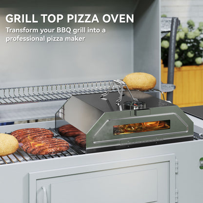 8 in Portable Stainless Steel BBQ Grill Top Pizza Oven with Built-in Thermometer and Viewing Window for Gas and Charcoal BBQ