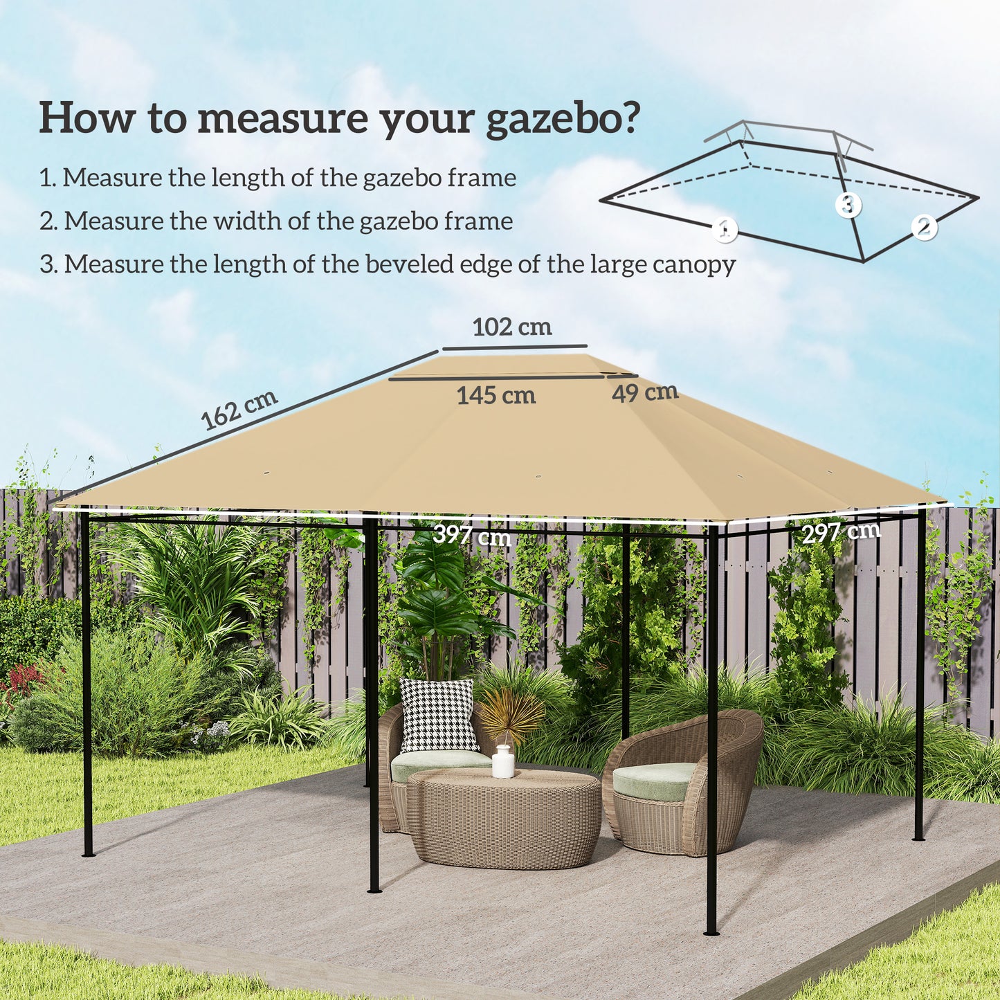 3 x 4m Gazebo Canopy Replacement Cover, Gazebo Roof Replacement (TOP COVER ONLY), Khaki