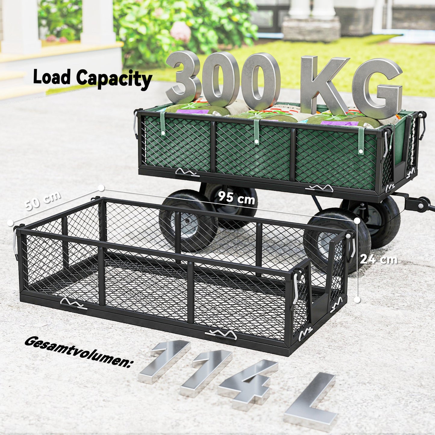 114L Steel Frame Garden Cart Trolley - Green