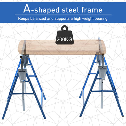 Set of 2 Adjustable Telescopic Builders Trestle, DIY Steel Work Bench Carpenter, Folding Saw Horse Tools Blue