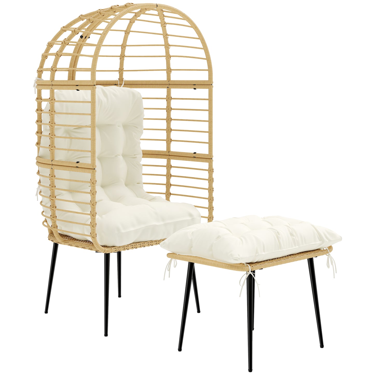 Garden Egg Chair with Footstool, Rattan Indoor Outdoor Lounge Chair and Ottoman Set with Thick Cushions, Beige