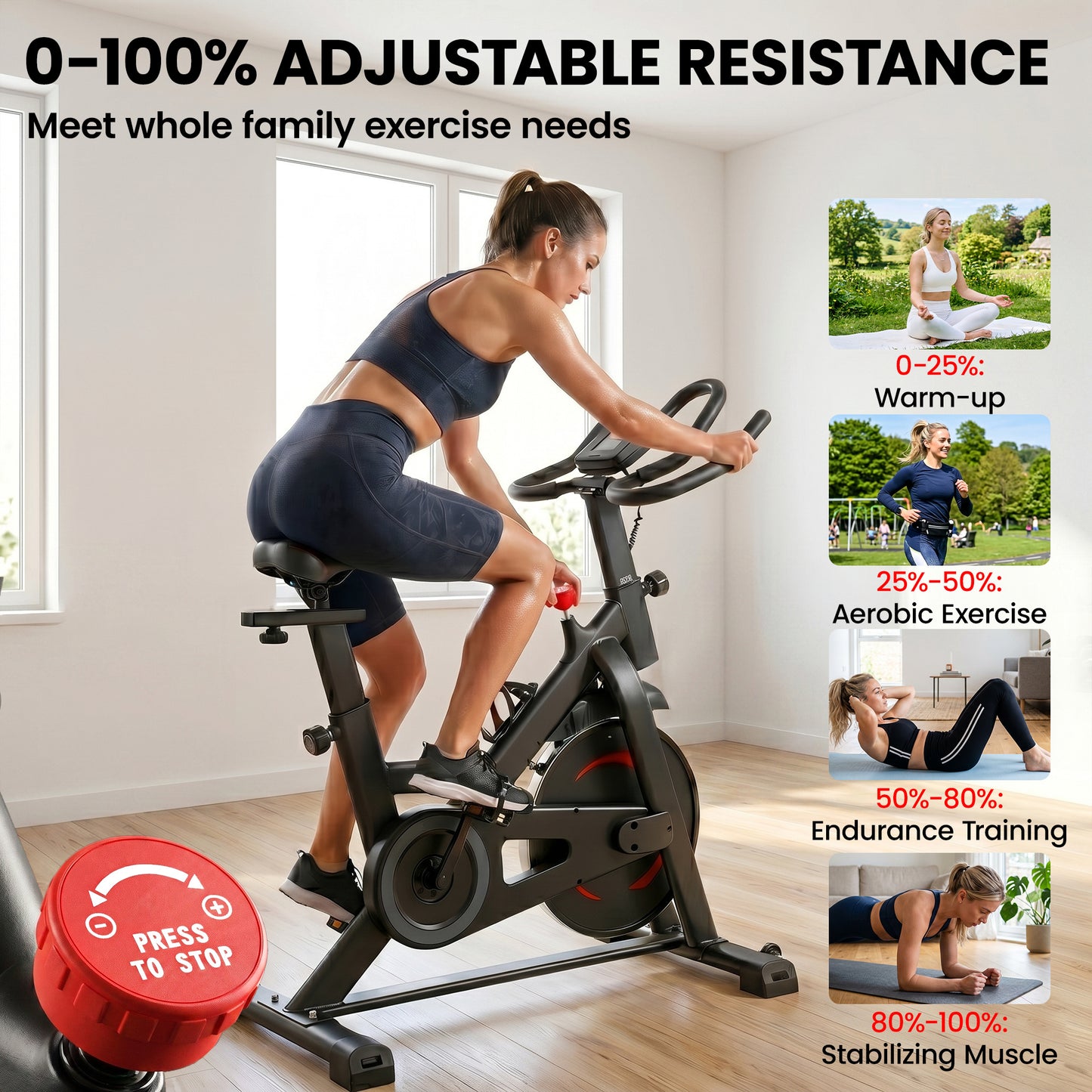 Exercise Bike, Indoor Stationary Bike with Smart APP, 0-100% Magnetic Resistance, Adjustable Seat & Handlebars