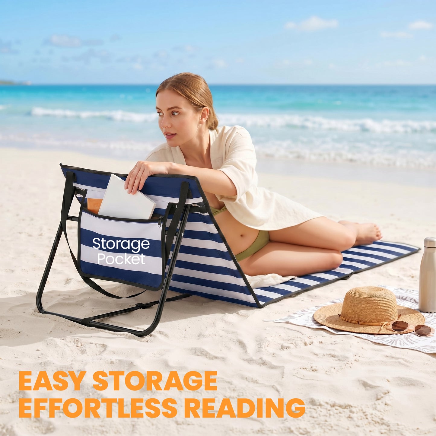 Set of 2 Foldable Garden Beach Chair Mat, Outdoor Sun Lounger Seats with Adjustable Back, Magazine Pocket, Carry Strap