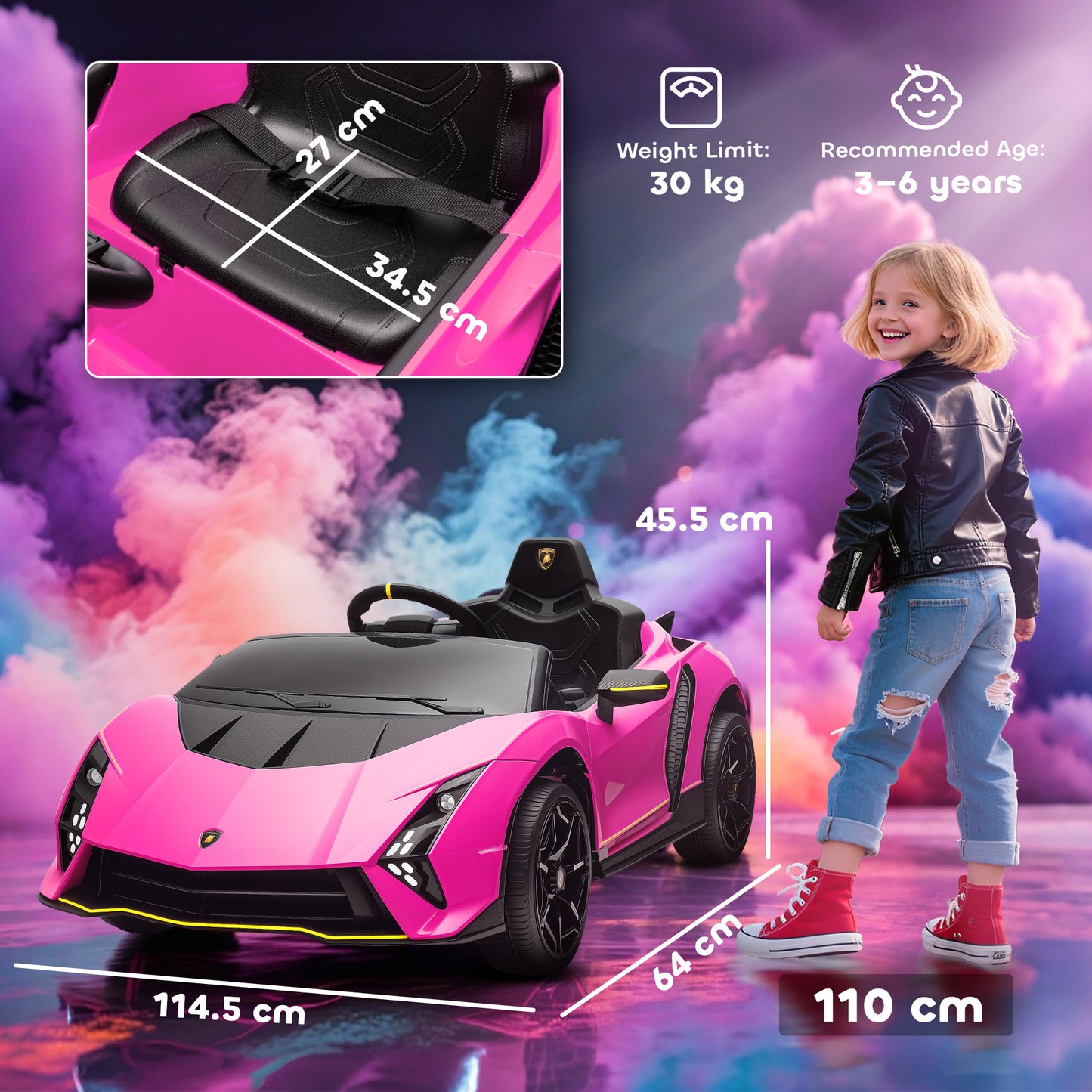 12V Lamborghini Autentica Licensed Kids Electric Car with Remote Control, 4 Suspension Wheels, Soft Start, Pink