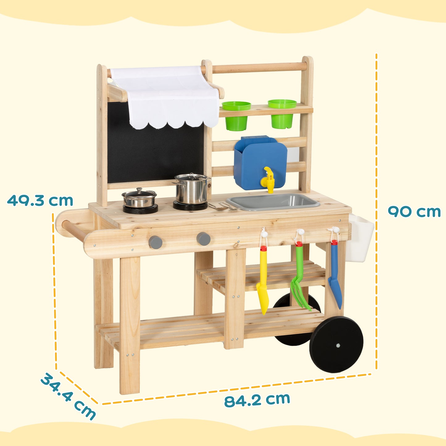 Mud Kitchen with Real Water Faucet Pretend Play Kitchen Playset with Sink and Storage Natural Wood