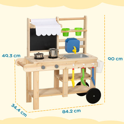 Mud Kitchen with Real Water Faucet Pretend Play Kitchen Playset with Sink and Storage Natural Wood