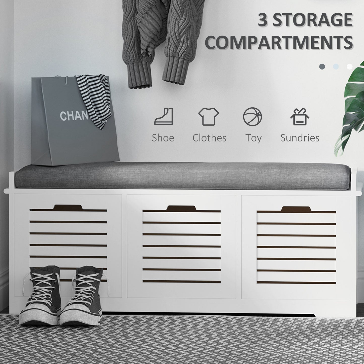 3-Drawer Shoe Storage Bench - White