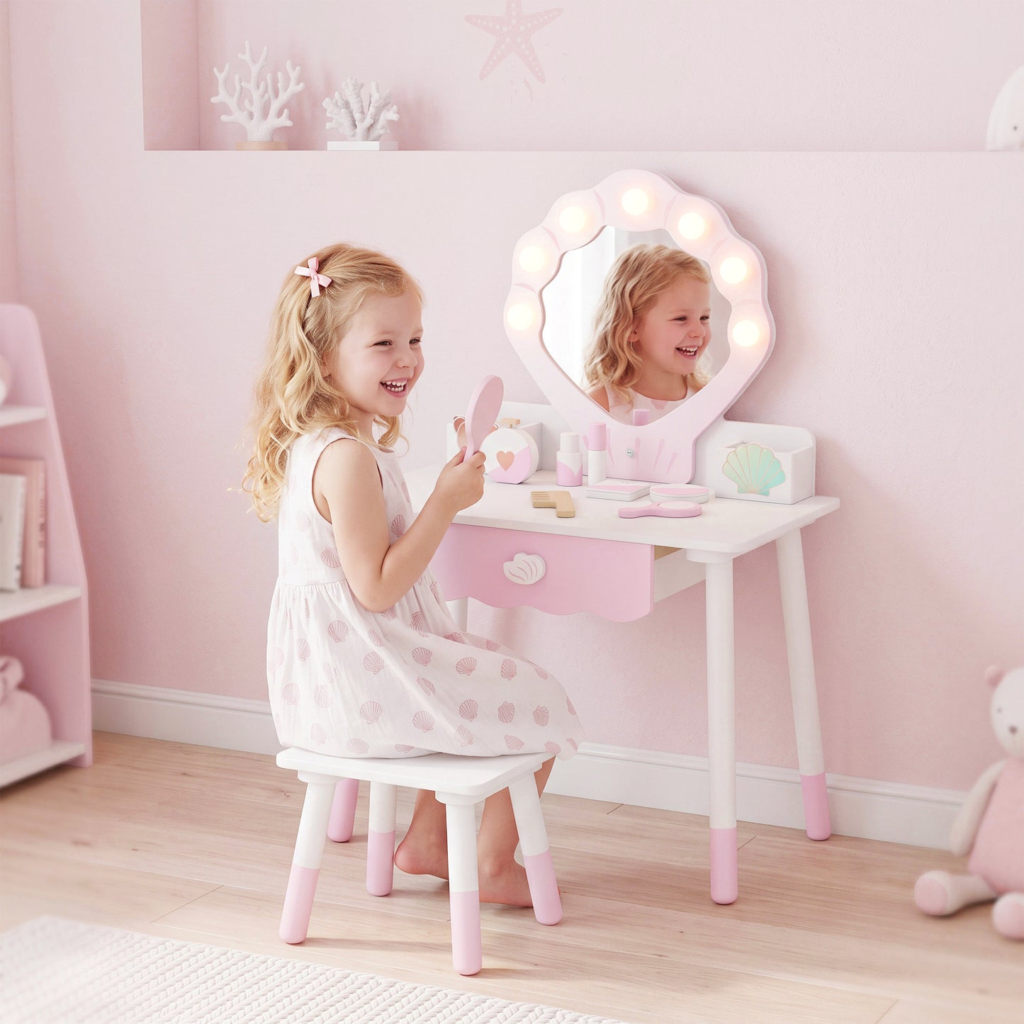 Kids Vanity Set, Kids Dressing Table with Chair, Acrylic Mirror, Lighted Bulbs, 7-Piece Accessories, for 3-8 Years, Pink