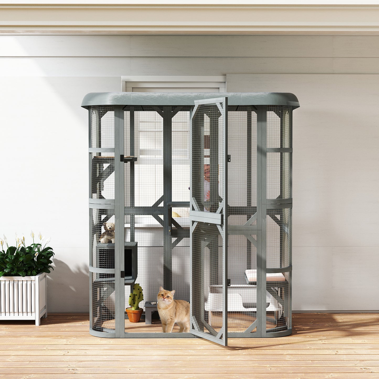 Catio Outdoor Cat Enclosure, Wooden Cat House with Platforms, Condo and Waterproof Cover for 2–3 Kittens, Grey