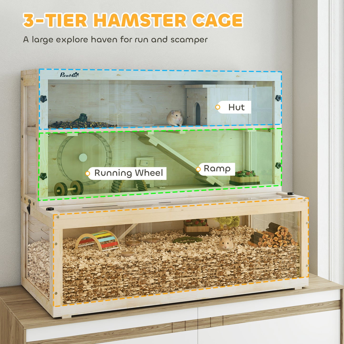 Wooden Hamster Cage with Hut, Wheel, Ramps, Removable Viewing Panels, 100 x 50 x 84 cm, Natural Wood