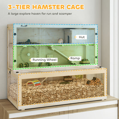 Wooden Hamster Cage with Hut, Wheel, Ramps, Removable Viewing Panels, 100 x 50 x 84 cm, Natural Wood