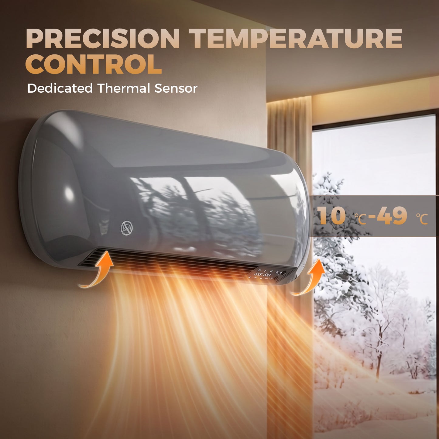 2000W Ceramic Electric Heater with Fan, Adjustable Thermostat, Wall Mounted - Grey