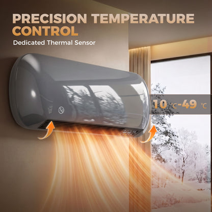 2000W Ceramic Electric Heater with Fan, Adjustable Thermostat, Wall Mounted - Grey