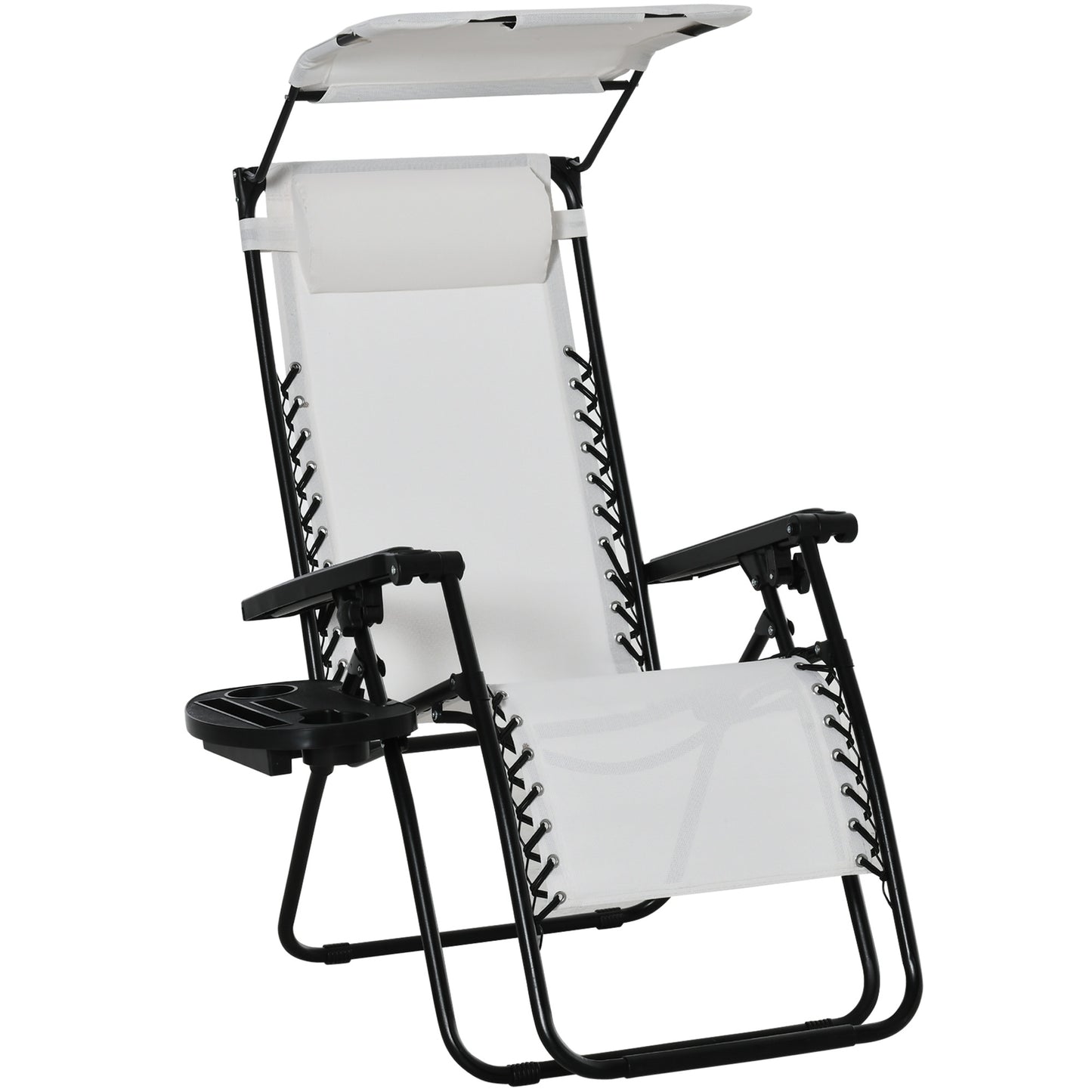 Zero Gravity Garden Folding Patio Sun Lounger w/Cup Holder & Canopy Shade White