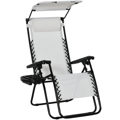 Zero Gravity Garden Folding Patio Sun Lounger w/Cup Holder & Canopy Shade White