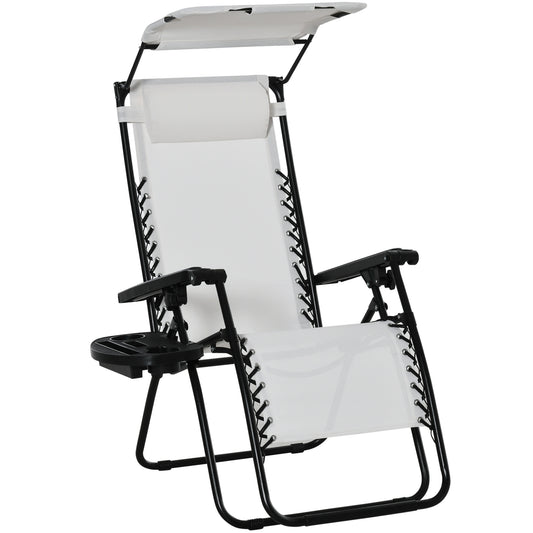 Zero Gravity Garden Folding Patio Sun Lounger w/Cup Holder & Canopy Shade White