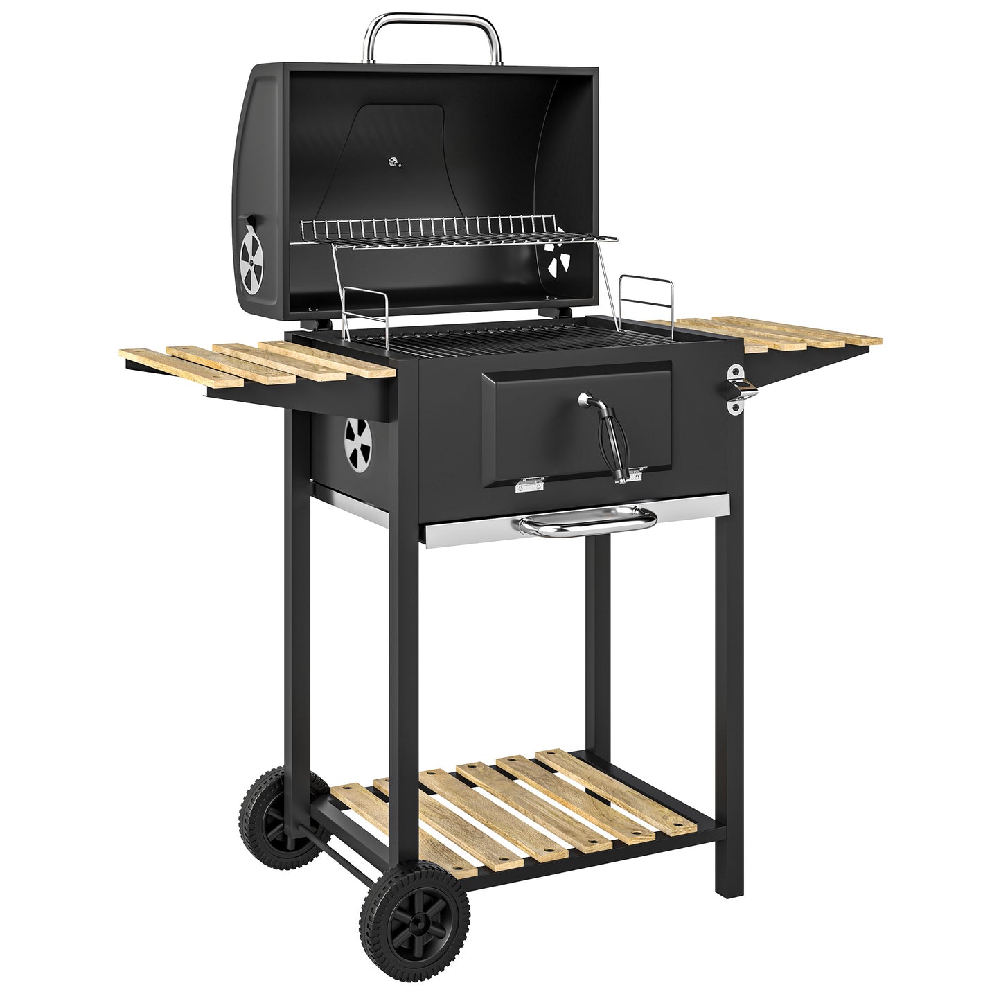 Charcoal BBQ Grill with Adjustable Charcoal Pan, Barbecue Smoker with Warming Rack, Black