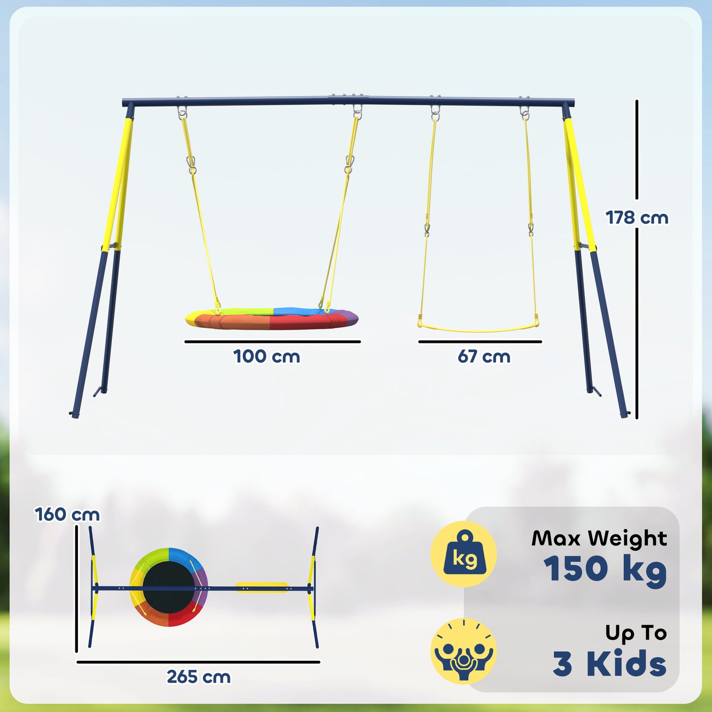Kids Swing Set with Double Swings, Outdoor Playset with Adjustable Ropes, Metal Frame for Ages 3-8, 150kg Capacity
