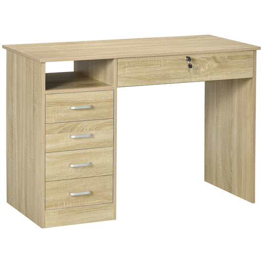 Computer Desk with 5 Drawers, Home Office Desk with Lockable Drawer and Storage Shelf, Study Table for Bedroom