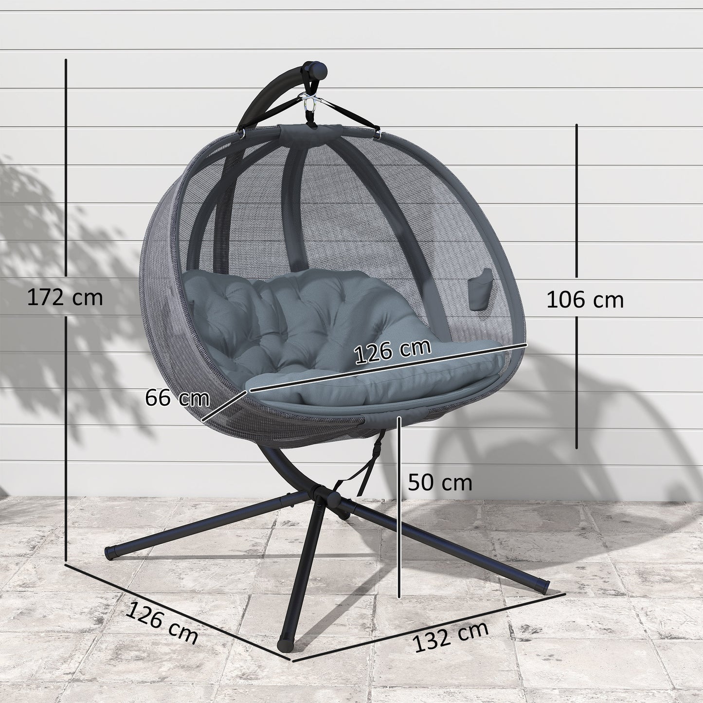 Double Hanging Egg Chair 2 Seaters Texteline Swing Hammock Chair with Folding Design, Grey