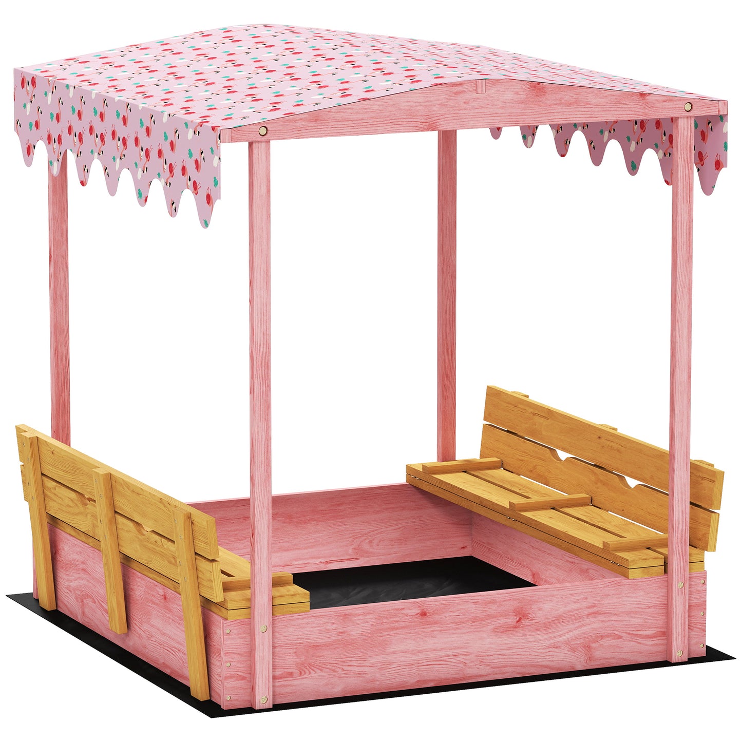 Wooden Sandbox with Lid, Flamingos Print Canopy, Kids Outdoor Sand Pit with Foldable Bench Seats, Bottom Liner, Pink