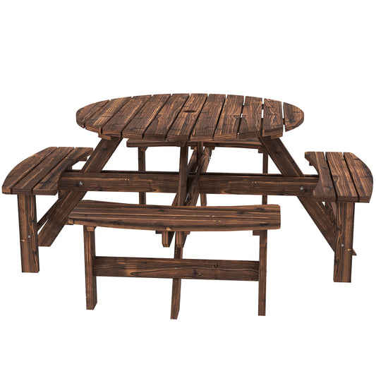 Wooden Garden Dining Set, 8 Seater Patio Furniture Set with Round Picnic Table, Parasol Hole for Outdoor Garden, Tan