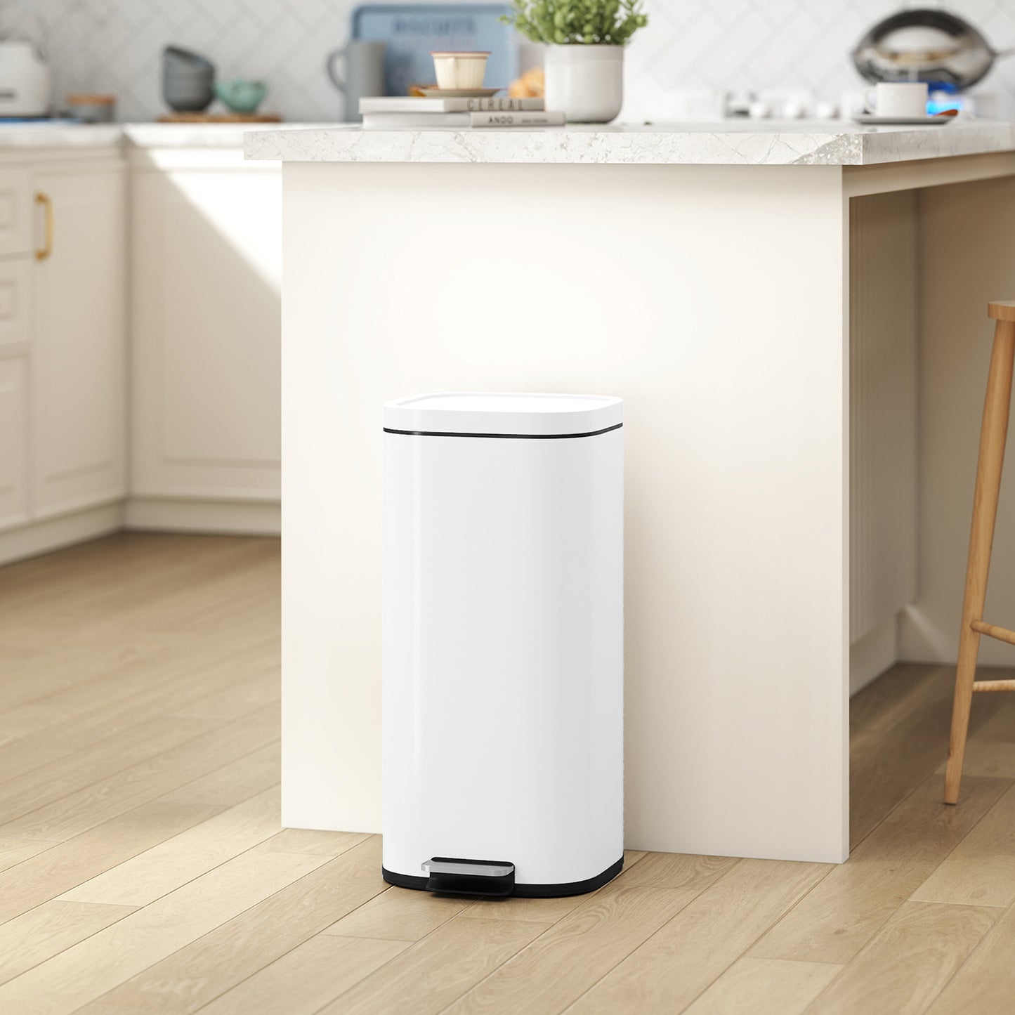 30L Kitchen Bin, Compact Pedal Bin with Soft-Close and Stay-Open Lid, Removable Bucket for Kitchen, Home, Office, White