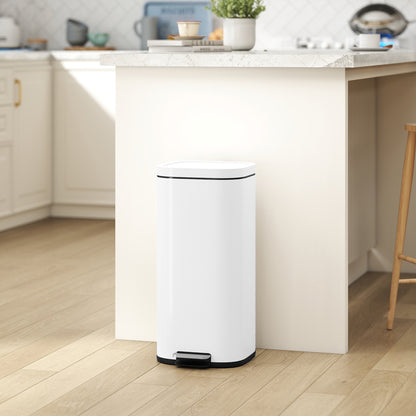30L Kitchen Bin, Compact Pedal Bin with Soft-Close and Stay-Open Lid, Removable Bucket for Kitchen, Home, Office, White