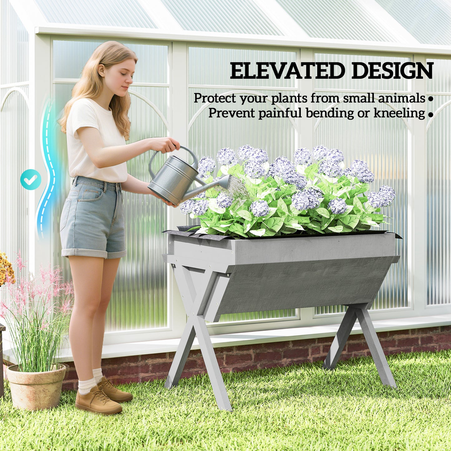 Wooden Raised Garden Bed with Bed Liner, Elevated Planter Box with Legs, Light Grey