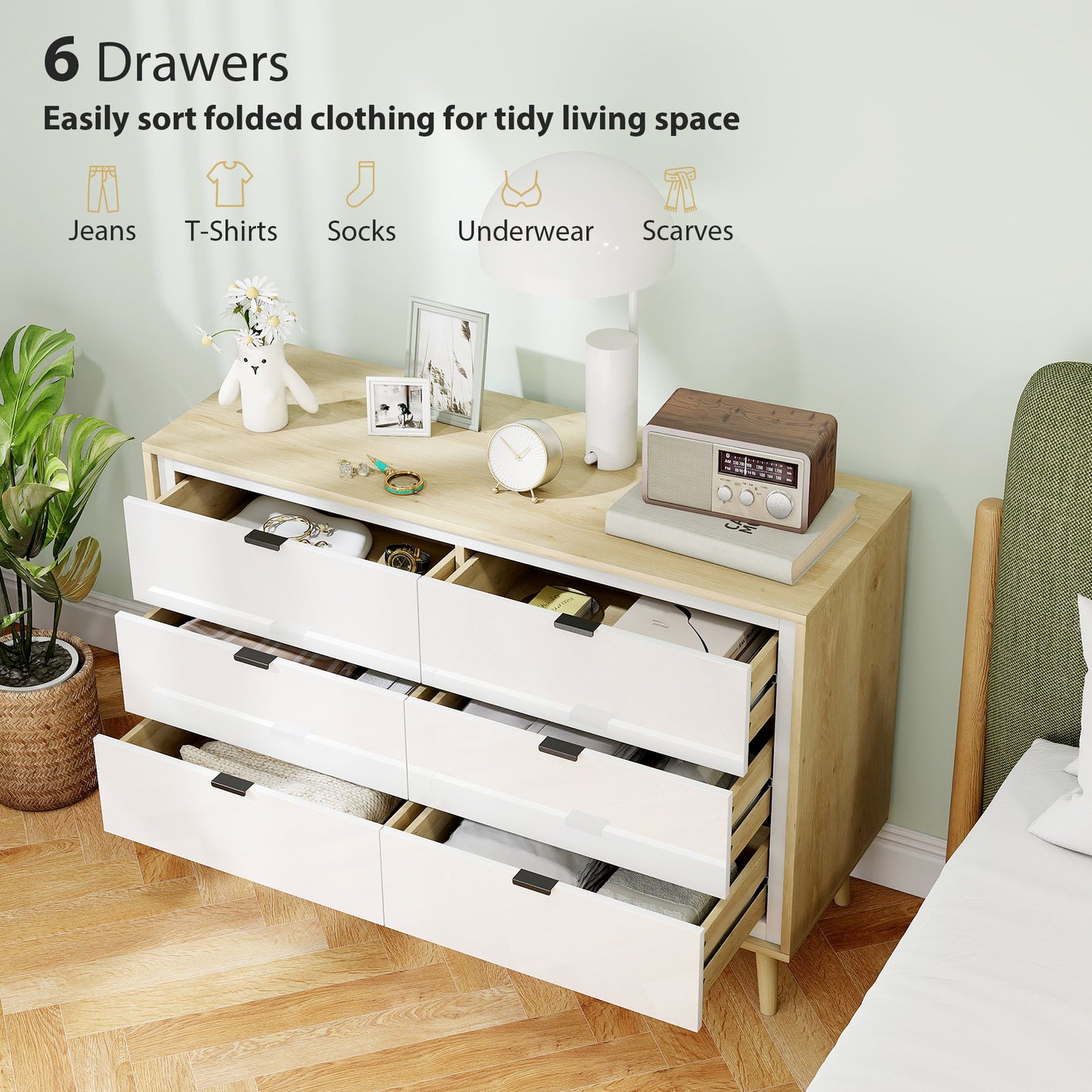 Storage Cabinet, Chest of Drawers with 6 Drawers and 5 Legs for Bedroom, High Gloss White