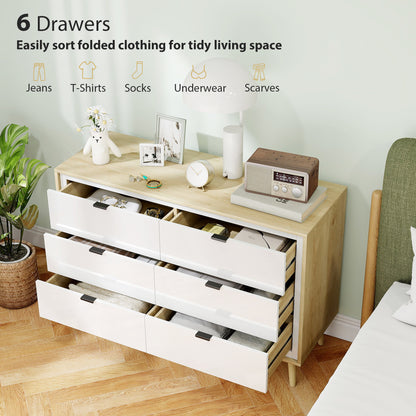 Storage Cabinet, Chest of Drawers with 6 Drawers and 5 Legs for Bedroom, High Gloss White