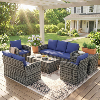 6 Pieces Rattan Garden Furniture Set, 7 Seater Wicker Outdoor Furniture Set with Storage Tea Table & Side Table