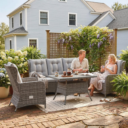 5 Seater Rattan Garden Furniture Set with Sofa, Reclining Chairs, Table, Patio Rattan Furniture Sofa Sets, Grey