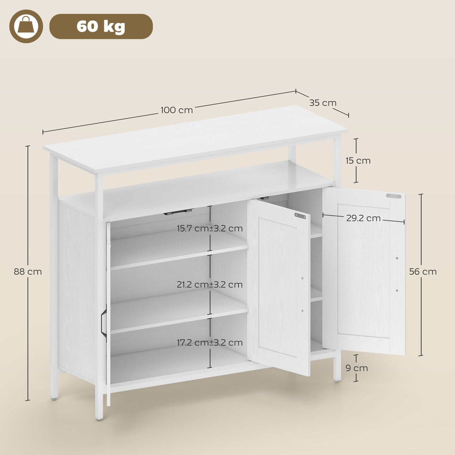 Industrial Kitchen Sideboard with Open Shelf, 2 Cabinets, Adjustable Shelves for Living Room, Dining Room, White