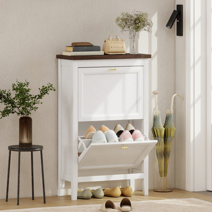 Shoe Cabinet with 2 Flip Drawers, Farmhouse Narrow Shoe Storage Cabinet with Adjustable Shelves, White