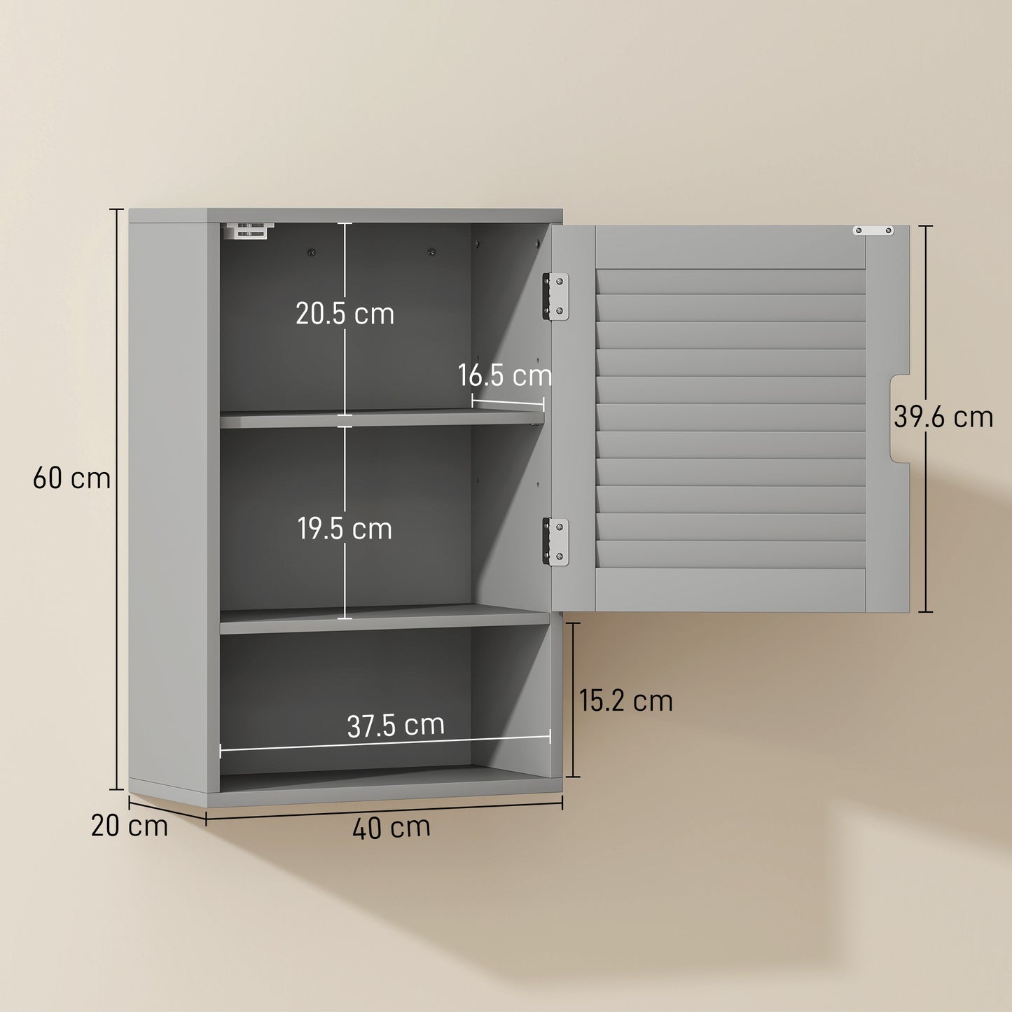 Bathroom Cabinet, Wall Mounted Storage Cabinet with Adjustable Shelves, 40 x 20 x 60 cm, Grey