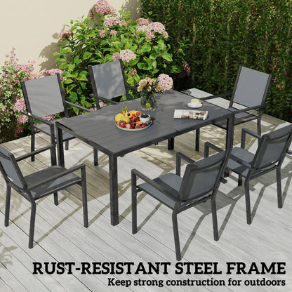 7 Piece Garden Dining Set, Outdoor Furniture Set with 6 Stackable Chairs and 150 cm Rectangle Table, WPC Slatted Top