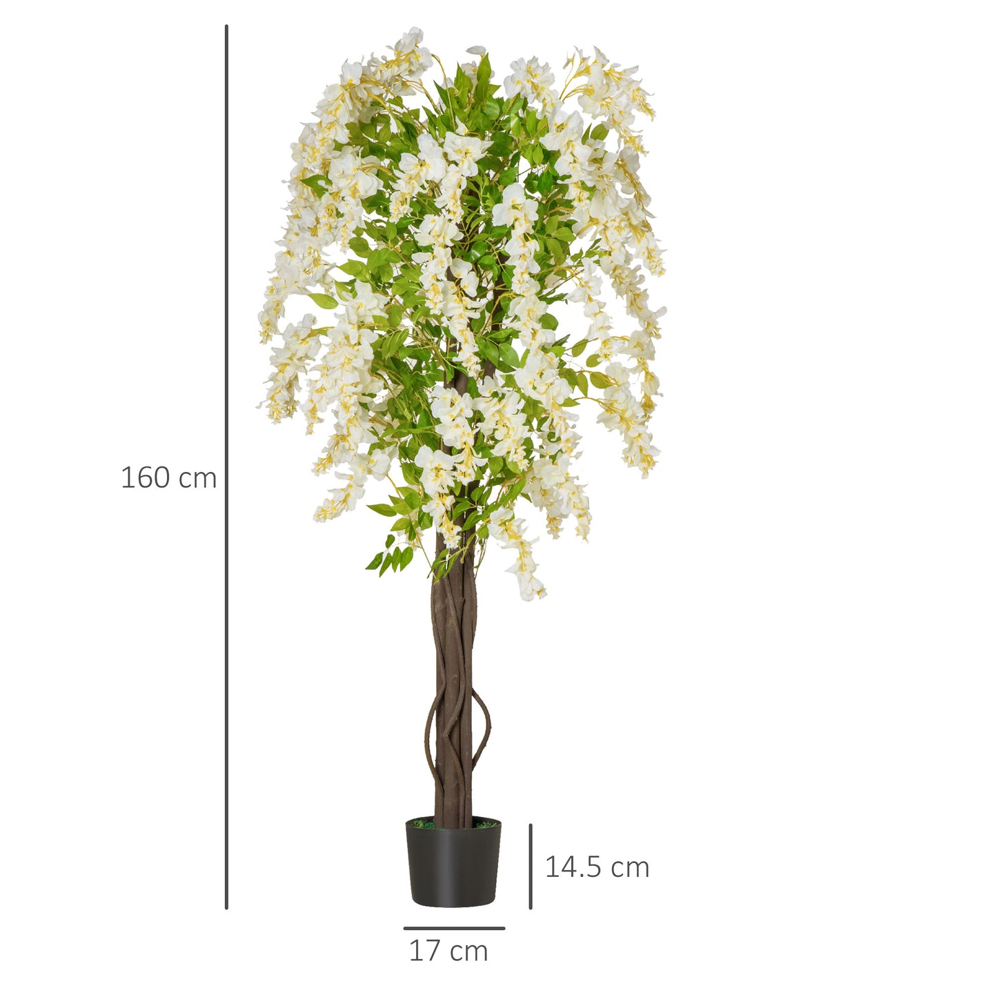 Artificial Plant White Wisteria Tree Faux Decorative Plant in Nursery Pot for Indoor Decor, 160cm