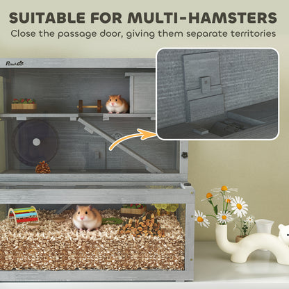 Wooden Hamster Cage with Hut, Wheel, Ramps, Removable Viewing Panels, 80 x 50 x 84 cm, Grey