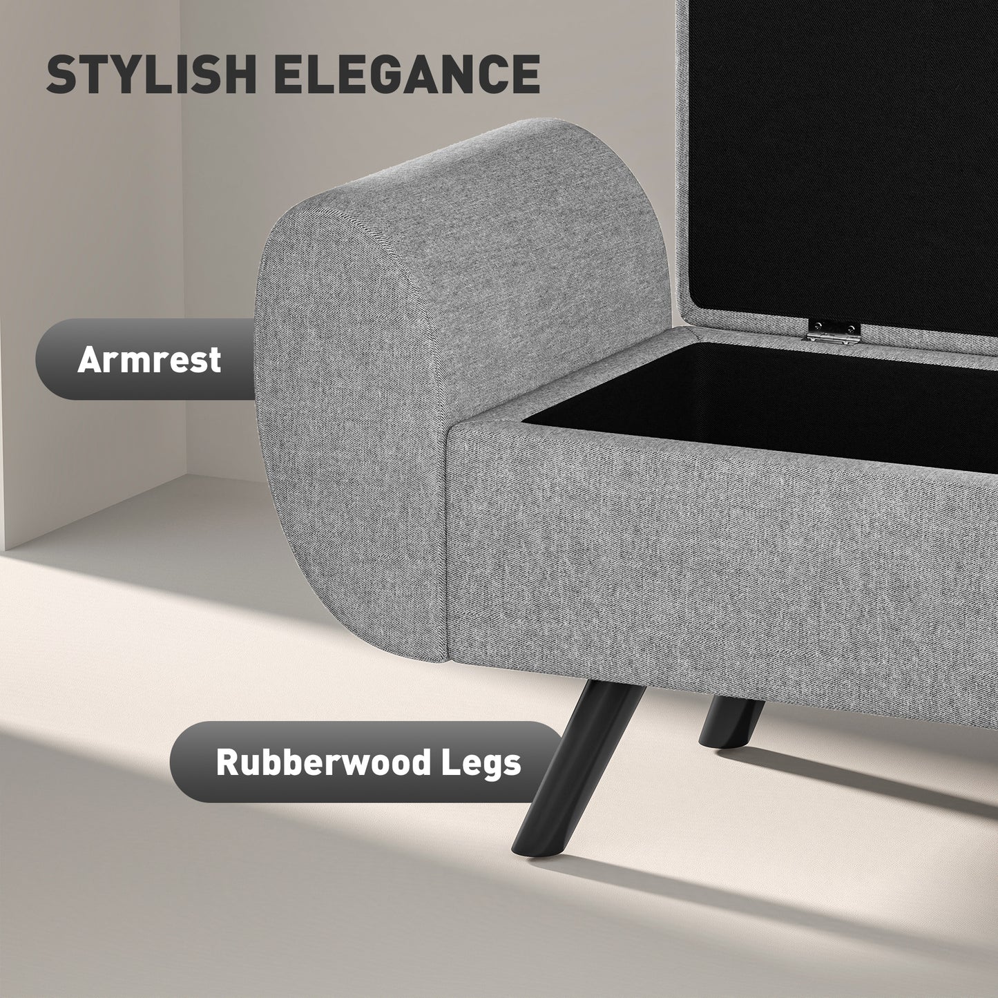 Storage Ottoman with Armrest, Window Seat, Upholstered Linen Storage Bench with Rubberwood Legs