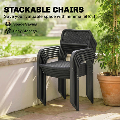 Garden Dining Set for 6, Faux Wood Metal Outdoor Table and Stackable Chairs with Plastic Rattan Effect Seat, Black