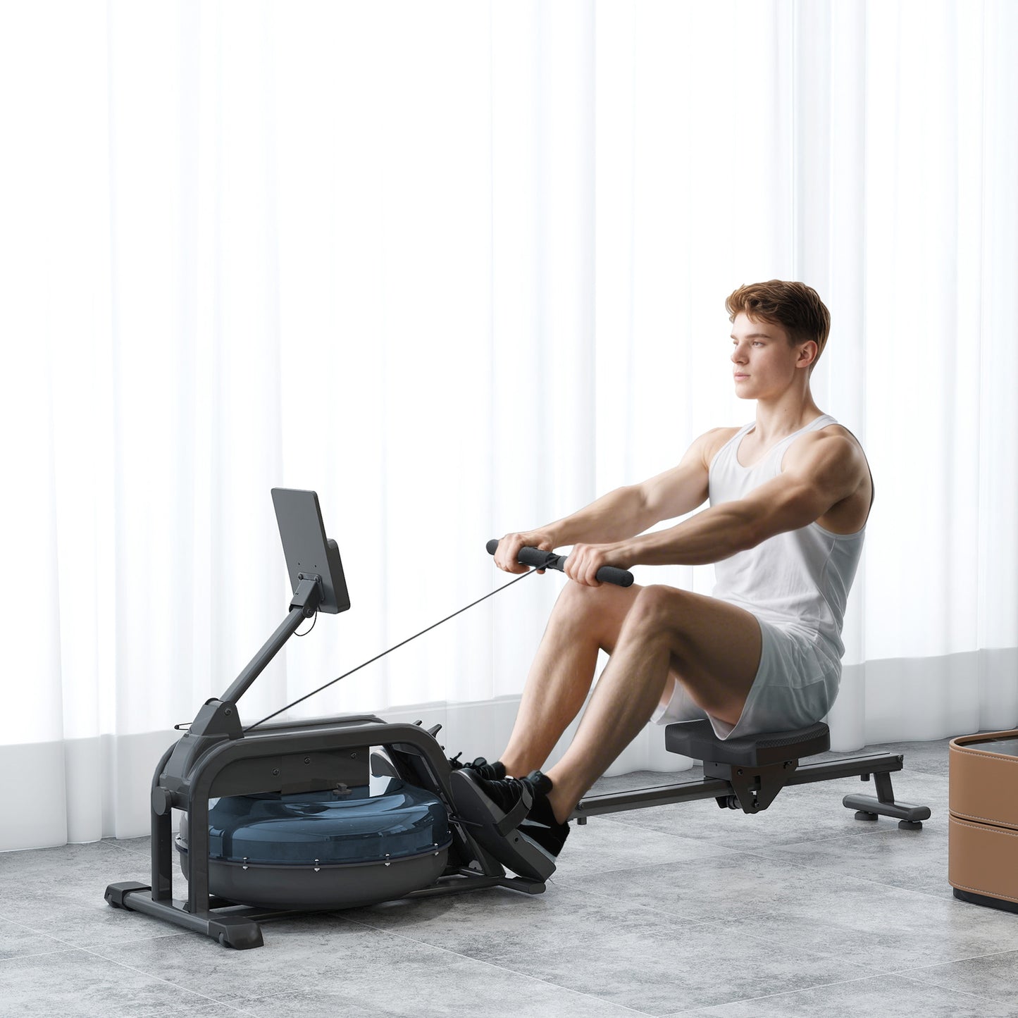Water Rowing Machine with Wheels, Vertical Storage, Adjustable Resistance, for Strength, Cardio Training