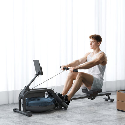 Water Rowing Machine with Wheels, Vertical Storage, Adjustable Resistance, for Strength, Cardio Training