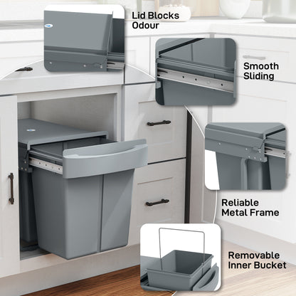 Pull Out Bin, Kitchen Under Sink Bin with 2 Removable Compartments, Smooth Glide, Grey