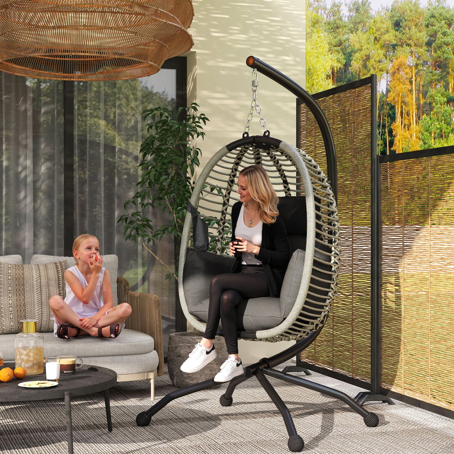 Outdoor Swing Chair with Thick Padded Cushion, Patio Hanging Egg Chair with Metal Stand, Foldable Basket, Cup Holder